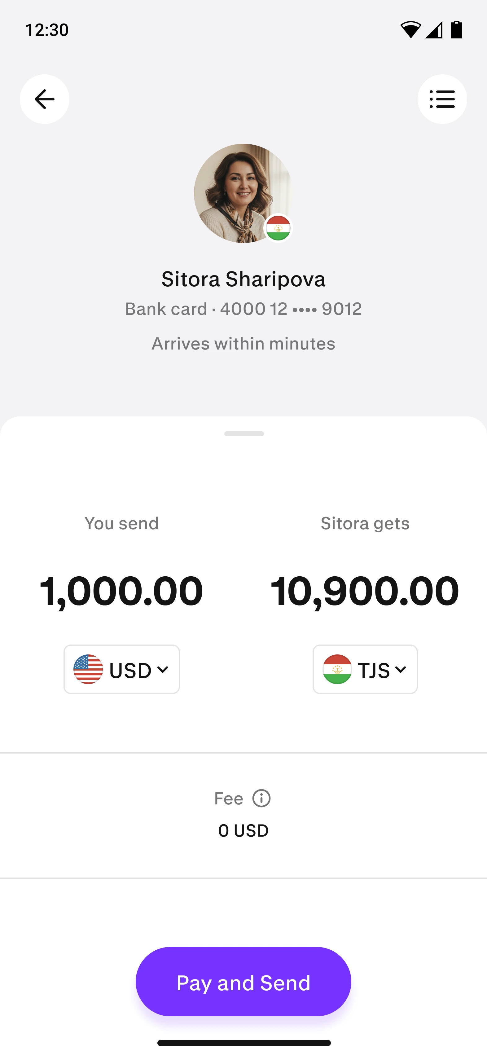 Paysend transfer to Tajikistan on a phone